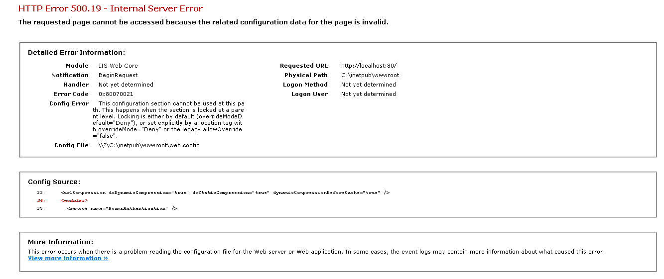 IIS - Error : This configuration section cannot be used at this path ...