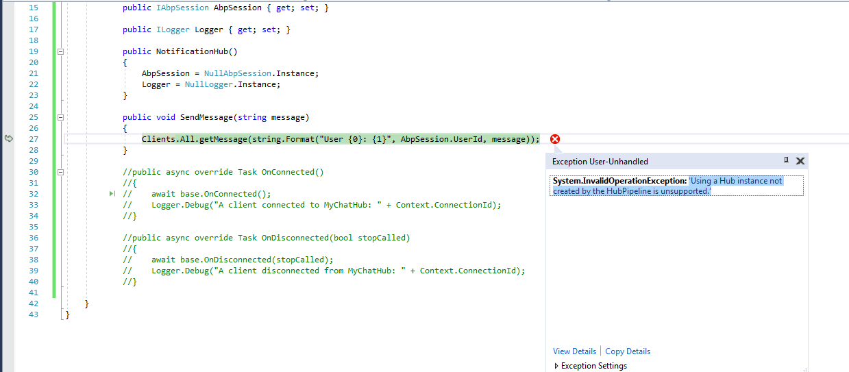 asp-net - Using a Hub instance not created by the HubPipeline is ...