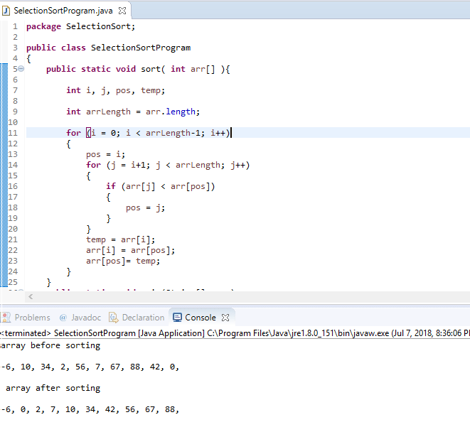 Selection sort explanation & program in Java
