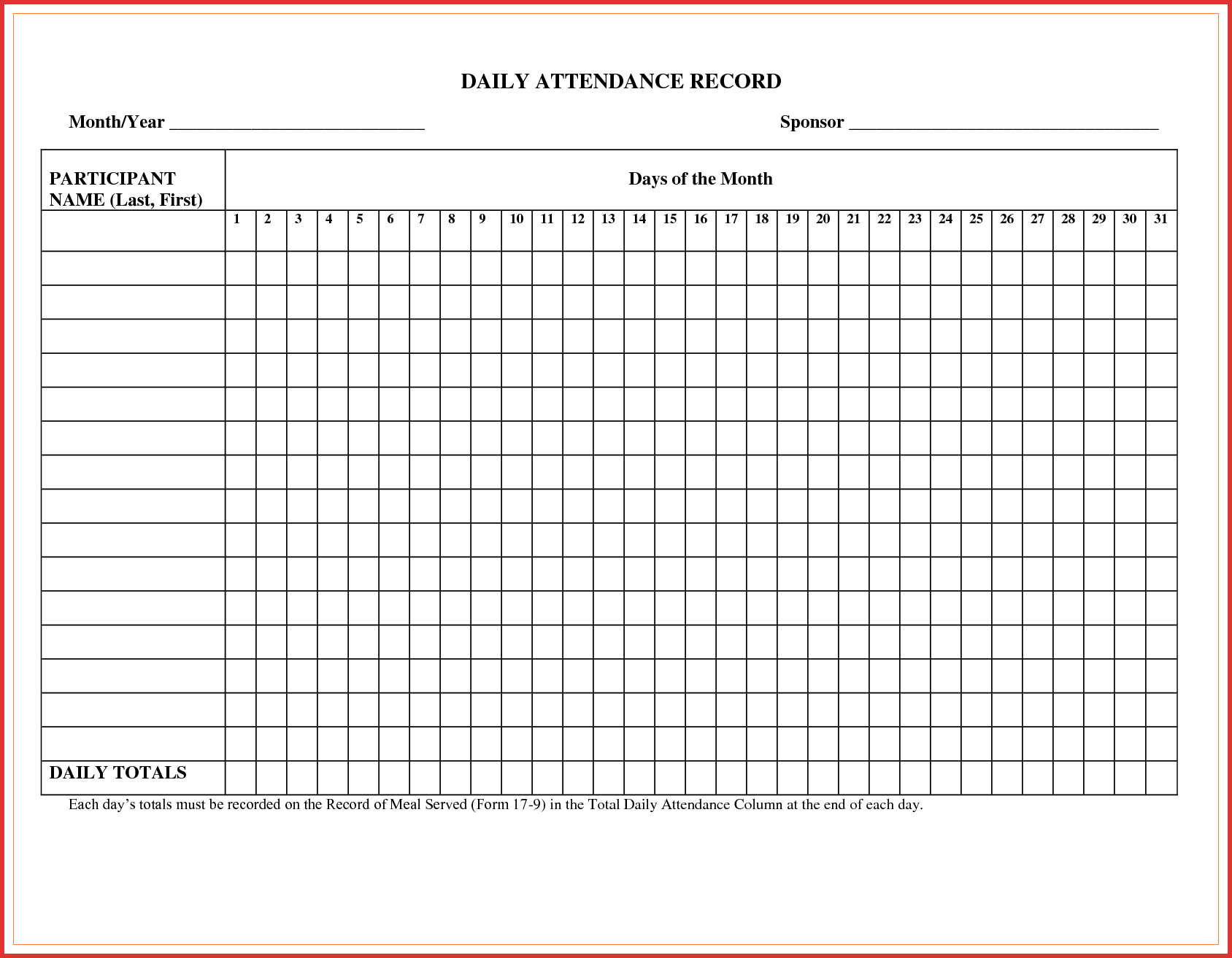 Monthly Attendance Chart